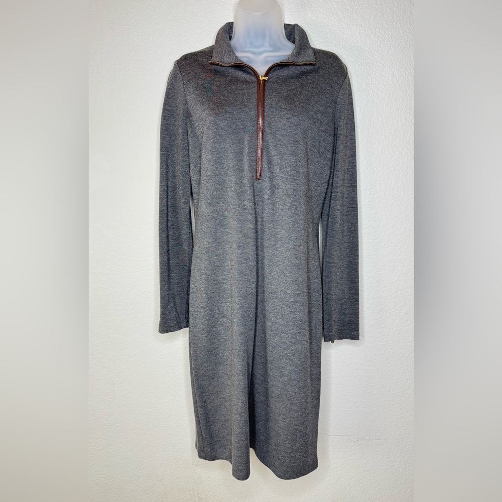 Lauren Ralph Lauren Gray‎ Lamb Leather Elbow Patch Zip Long Sleeve Dress Size 10